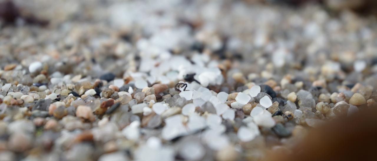 Pellets de plástico en la playa de Sabón, a 9 de enero de 2024, en A Coruña, Galicia (España).  Voluntarios se han organizado hoy para limpiar algunas playas de las provincias de A Coruña y Pontevedra a las que ha llegado el vertido de los pellets de plás