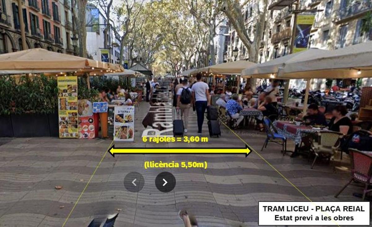 Imagen actual del tramo central de la Rambla con las medidas de paso.