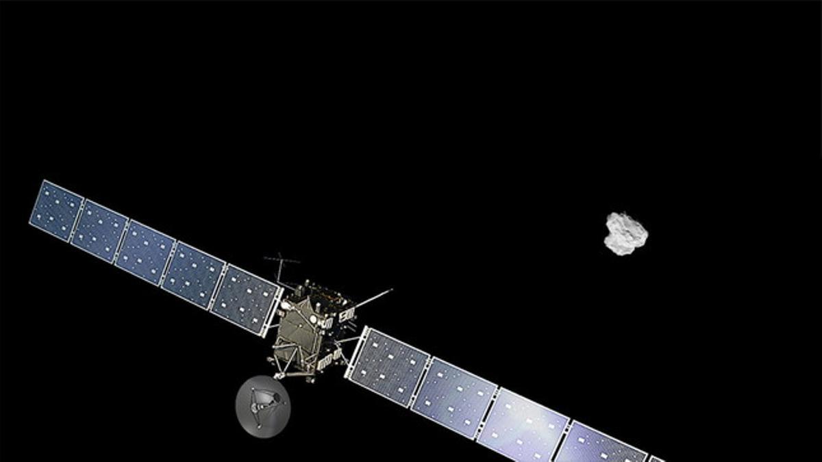 Representación de la sonda europea Rosetta acercándose al cometa 67/P Churyumov-Gerasimenko.