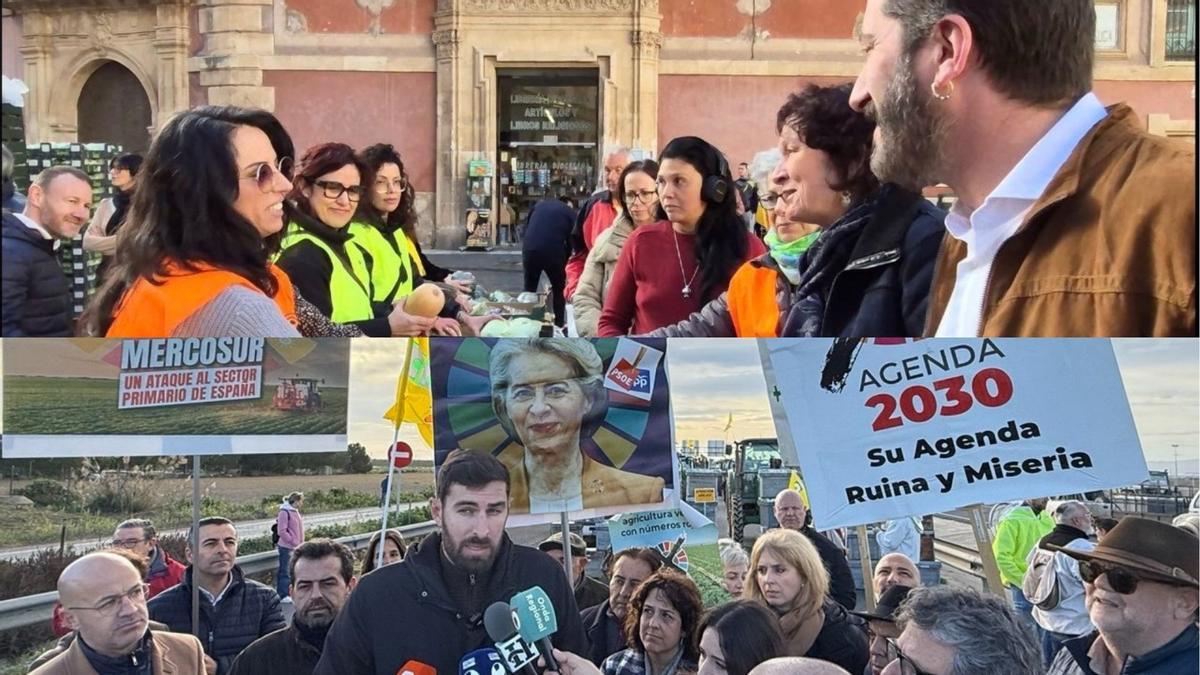 Participación de Podemos (arriba) y Vox en la protesta de este jueves.