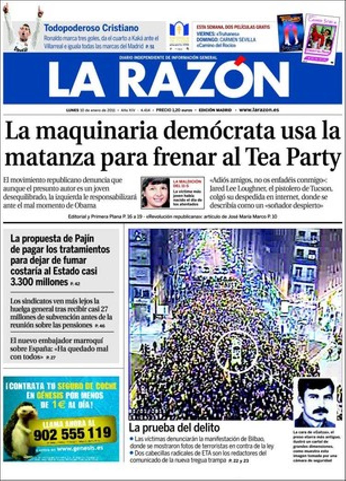 ’La Razón’ també destaca a les pàgines interiors que dos líders radicals d’ETA --Irache Sorzábal i David Pla-- han estat els redactors del comunicat d’ETA encara no donat a conèixer en què la banda només anunciaria una treva permanent i verificable, però no l’entrega de les armes. També titula que el model de finançament de Zapatero premia Andalusia i Catalunya, que els col·legis de metges demanen a la Generalitat poder jubilar-se als 70 anys i que els tractaments per deixar de fumar que debatran aquest trimestre el Ministeri de Sanitat i les autonomies podrien costar 3.300 milions d’euros a l’Estat.