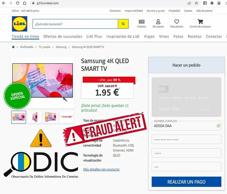 El aspecto del enlace fraudulento de la estafa de las televisiones Samsung a 1,95€ en Lidl