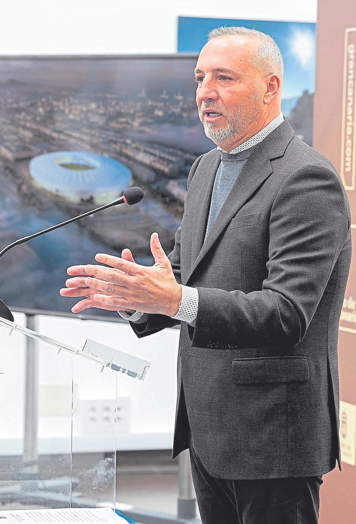 Miguel Ángel Ramírez, el pasado 18 de marzo, en la presentación del acuerdo con el Cabildo para la cogestión del Gran Canaria.
