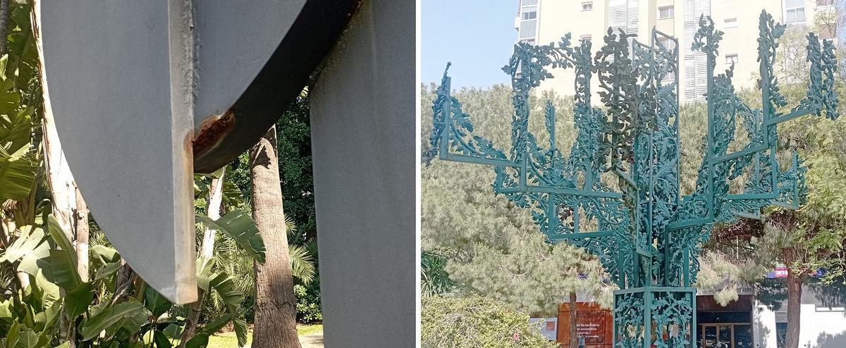 Detalle del primer homenaje a Picasso en España (izq.) y de 'El árbol de la amistad', esta semana, en los Jardines de Picasso.
