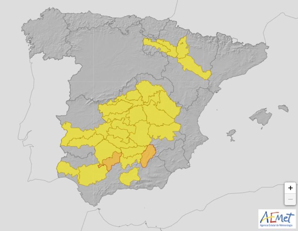 Mapa de alertas meteorológicas por temperaturas máximas de la AEMET para este miércoles 17 de julio de 2024