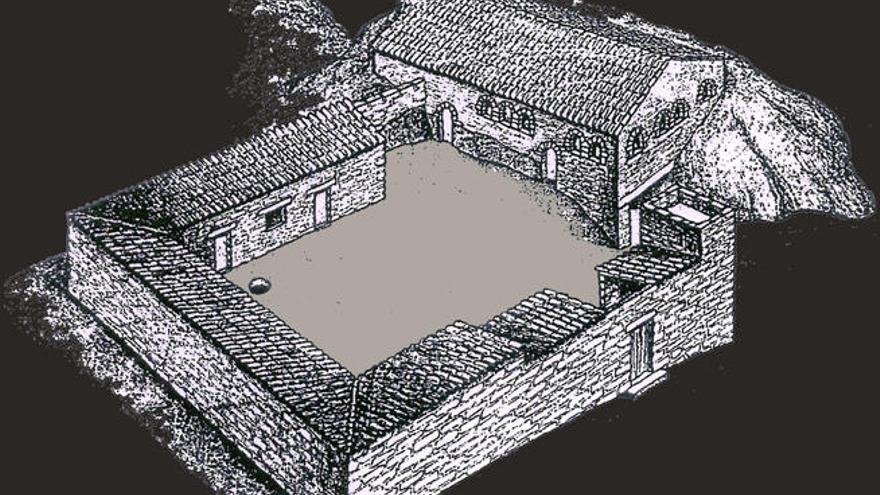 Reconstrucción del monasterio intuido en el paraje realizada a partir de la excavación llevada a cabo en los ochenta por Rafael Puertas.