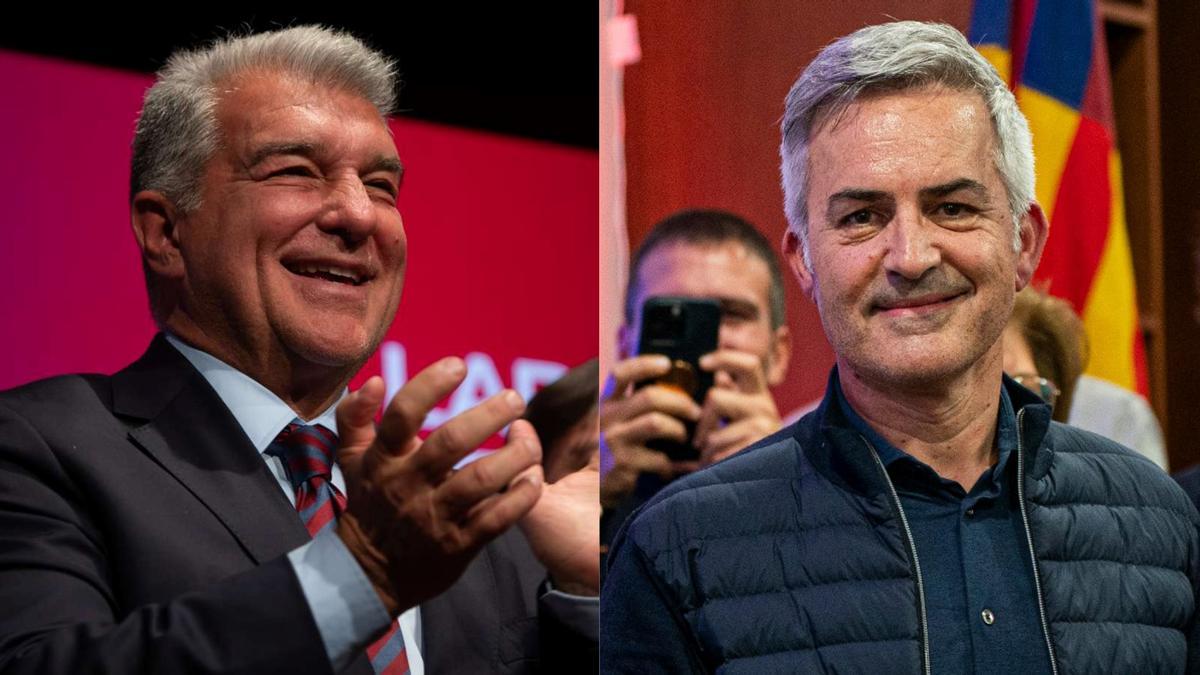 Joan Laporta y Víctor Font, en el cierre de su respectiva campaña, este viernes.