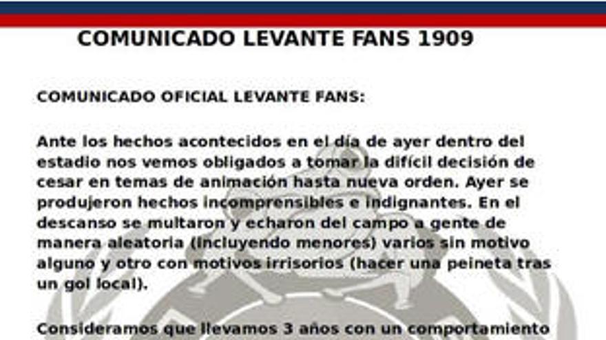 Levante Fans deja de animar &quot;hasta nueva orden&quot;