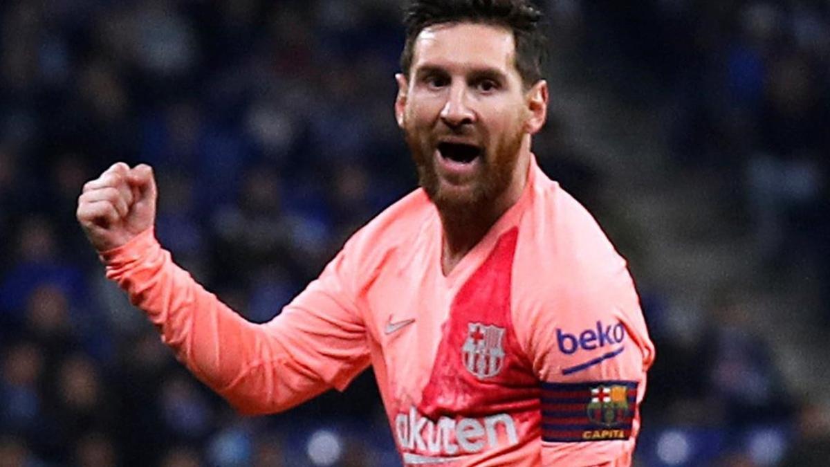 Leo Messi celebra el tercer gol azulgrana ante el Espanyol.