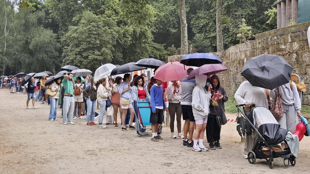 Escena de paraguas en Castrelos, esperando para comprar las entradas para Viva Suecia.