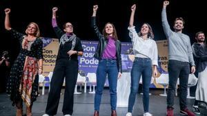 La diputada de Podemos, Noemí Santana, la coordinadora de Podem Catalunya, Conchi Abellán, la secretaria general de Podemos y ministra de Derechos Sociales y Agenda 2030 en funciones, Ione Belarra, la secretaria de Acción de Gobierno de Po