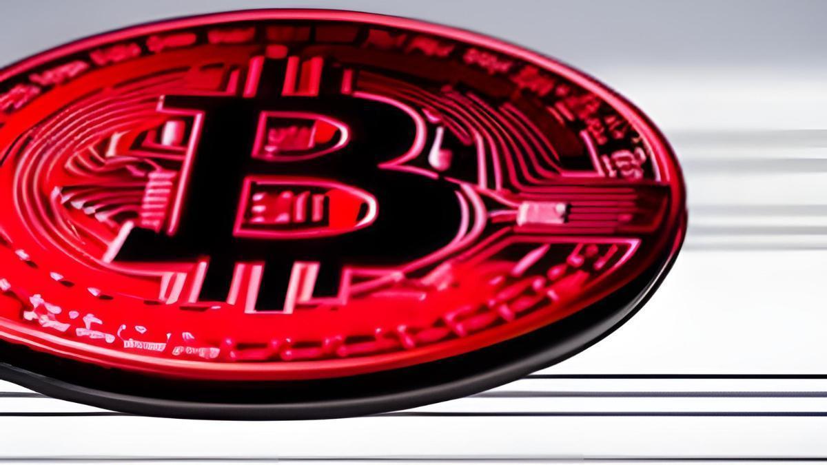 Representación de una moneda de Bitcoin en color rojo.