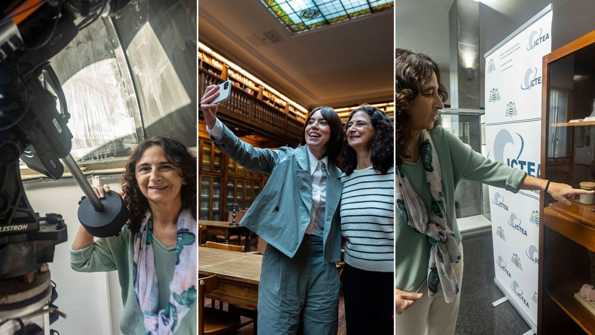Desde la izquierda, Noemí Pinilla, con el telescopio del ICTEA; la investigadora, haciéndose un selfi con la ministra Diana Morant en su reciente visita a la Universidad de Oviedo; y la astrofísica mostrando el regolito (el polvo que hay en la Luna) que producen los científicos del ICTEA.