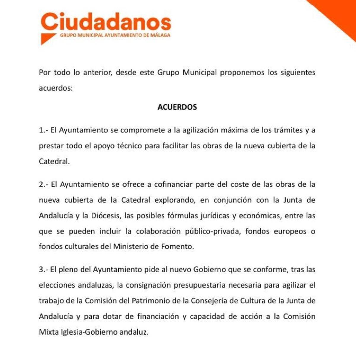 Moción de Cs sobre la reforma del tejado de la Catedral de Málaga.