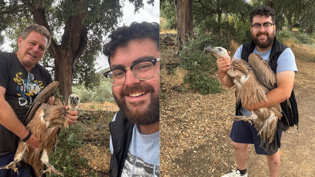 Juanjo y Dioni sujetando al buitre leonado que acaban de rescatar.