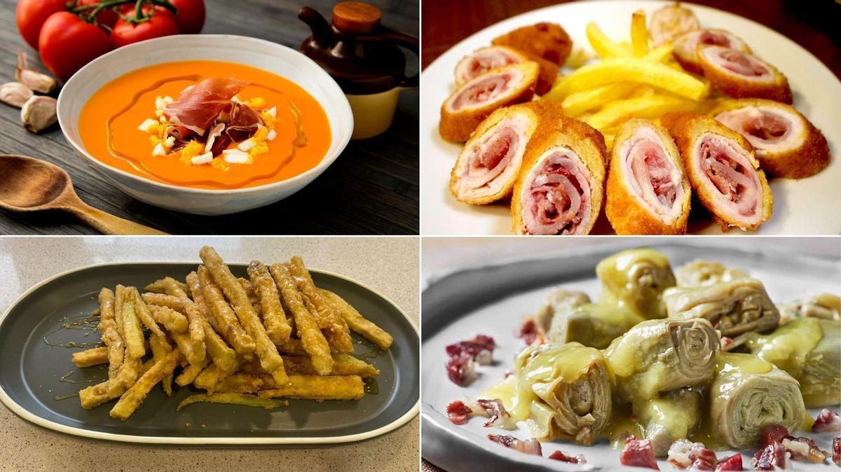 Salmorejo, flamenquín, berenjenas califales y alcachofas a la montillana.