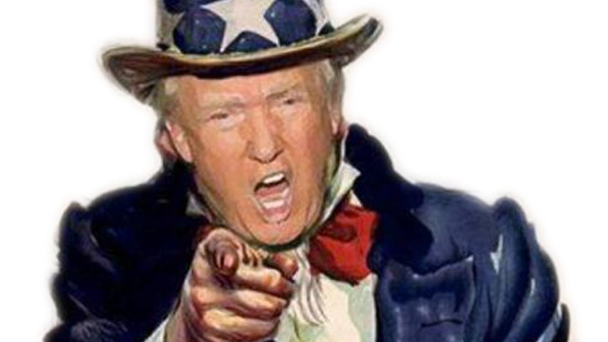 Caricatura de Donald Trump caracterizado como el Tío Sam.