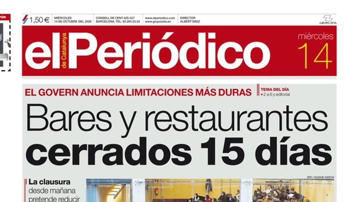 La portada de EL PERIÓDICO del 14 de octubre del 2020