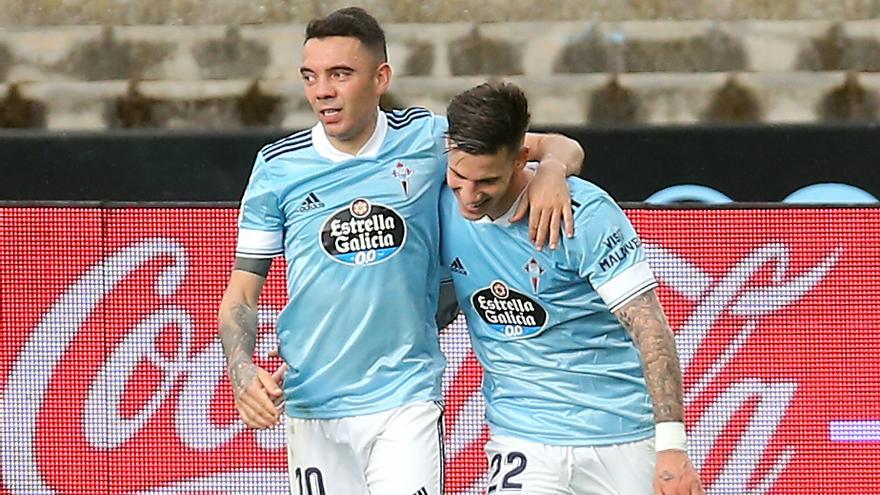 Iago Aspas y Santi Mina, juntos en el partido de hoy.