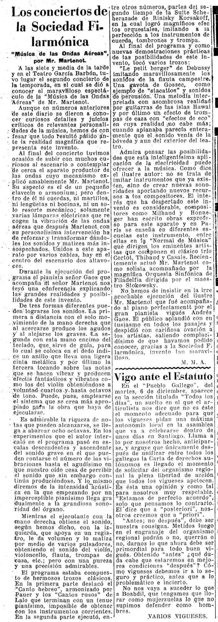 Crónica de FARO del primer concierto de música electrónica en Vigo en su edición del 7 de diciembre de 1932. 