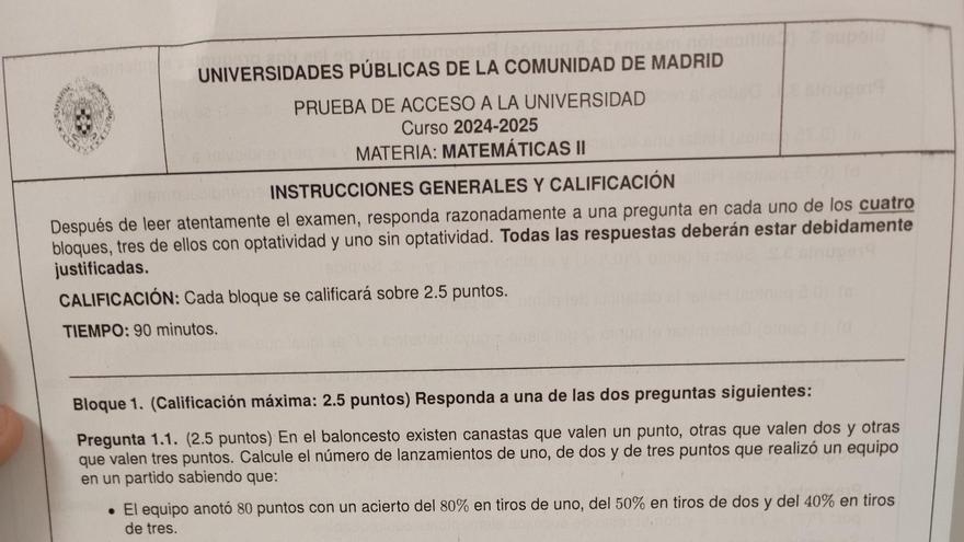 Examen de Matemáticas II en la PAU de Madrid