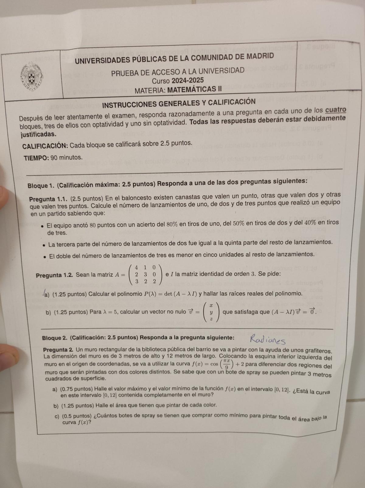 Examen de Matemáticas II en la PAU de Madrid