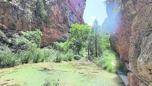 Una de las pasaleras junto a la enorme 
piscina natural de la 
cabecera del río Ebrón
