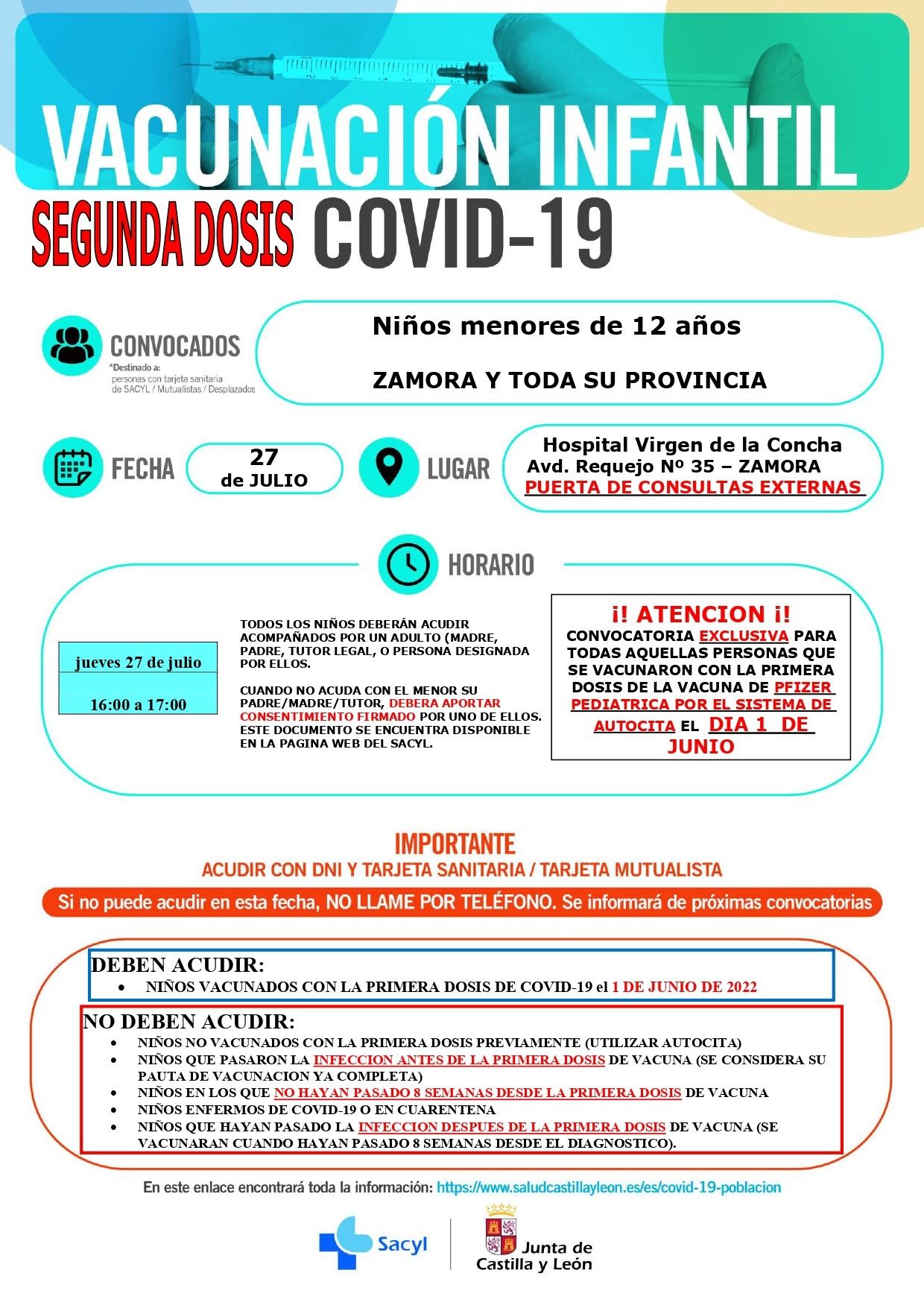 Vacunación de la segunda dosis para los menores de 12 años vacunados con la primera el 1 de junio