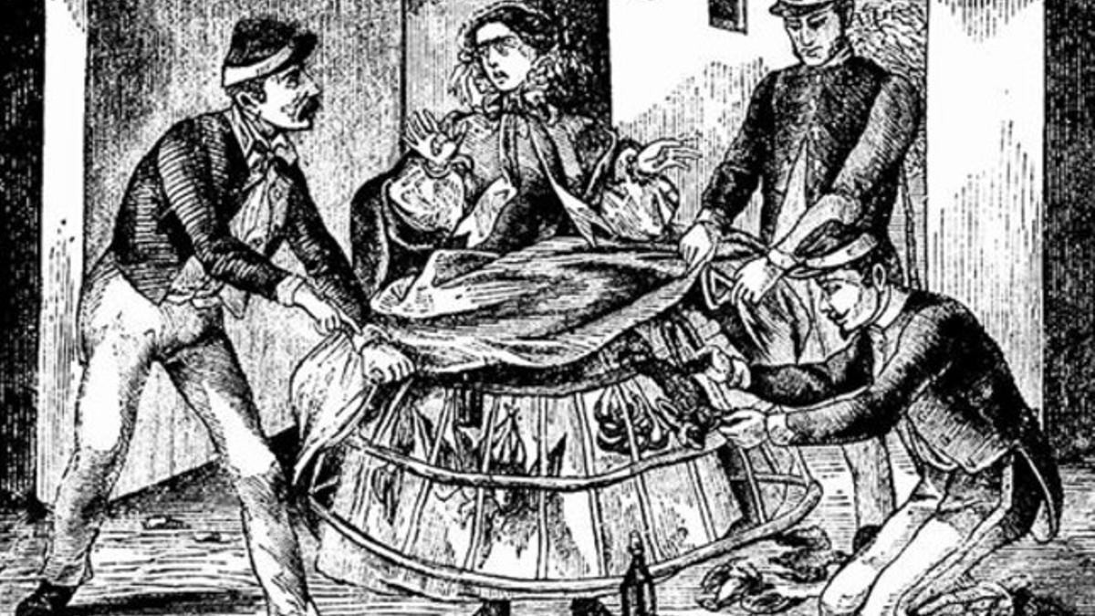 Registro 8 Tres 'burots' (especie de aduaneros municipales) impiden que una mujer entre alimentos en Barcelona sin pagar tasas. El de 'burota', o 'madrona', fue el primer empleo municipal para mujeres.