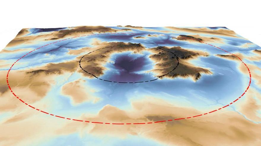 Según sugiere un nuevo estudio, el cráter Zhamanshin en Kazajstán tiene 30 kilómetros de ancho (anillo rojo) en lugar de 13 kilómetros (anillo negro), indicando que el impacto que lo produjo habría sido mucho más potente de lo pensado.