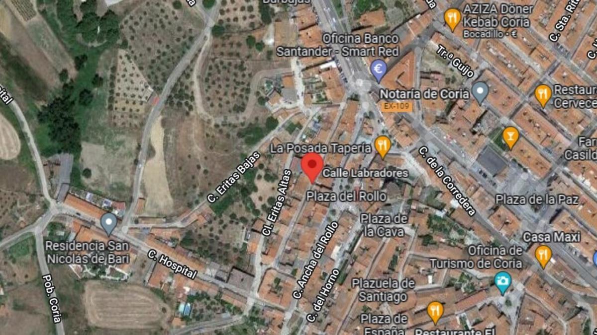 Localización en Google Maps de la calle de Coria donde se ubica la vivienda siniestrada.