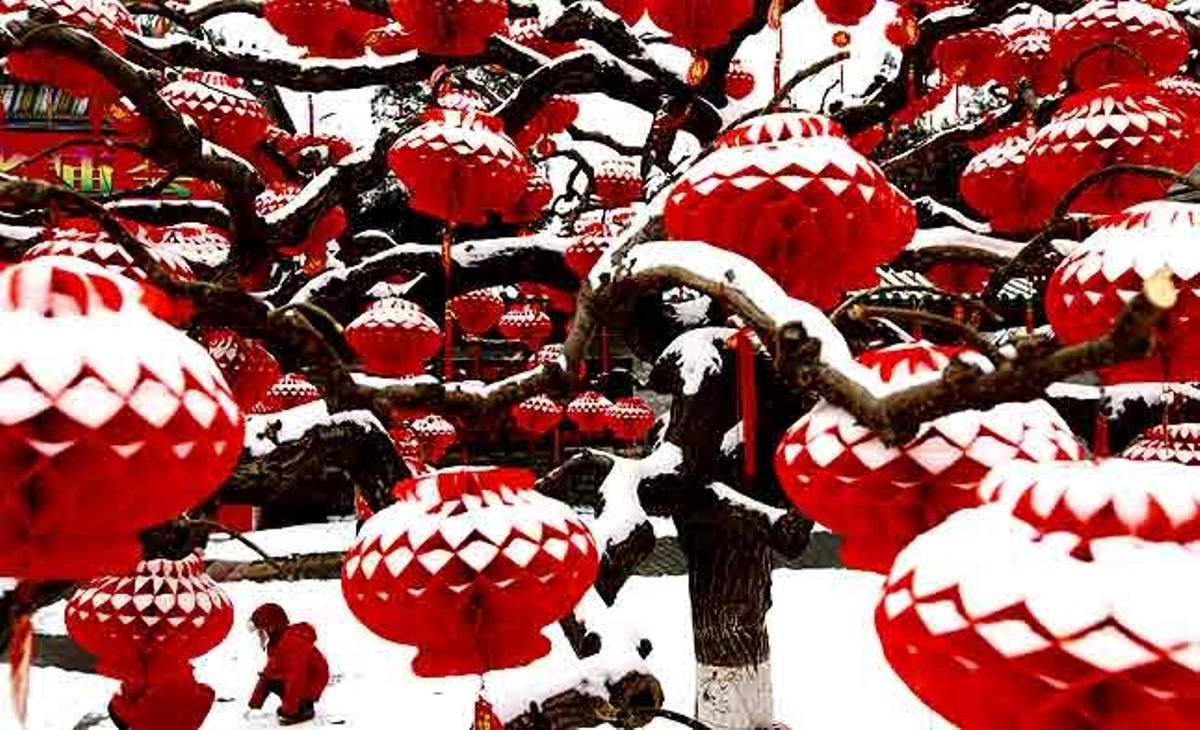 Una nena juga sota d’un arbre decorat amb fanals vermells coberts de neu a Pequín (Xina).