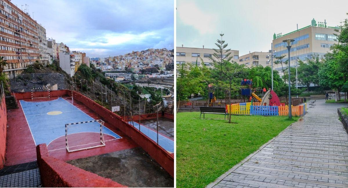 De izquierda a derecha, los parques de San Francisco y La Minilla, barrios de Las Palmas de Gran Canaria