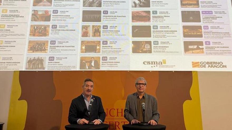 El director general de Planificación, Centros y FP, Luis Mallada, y el director del CSMA, César Peris, han presentado la nueva temporada de conciertos.