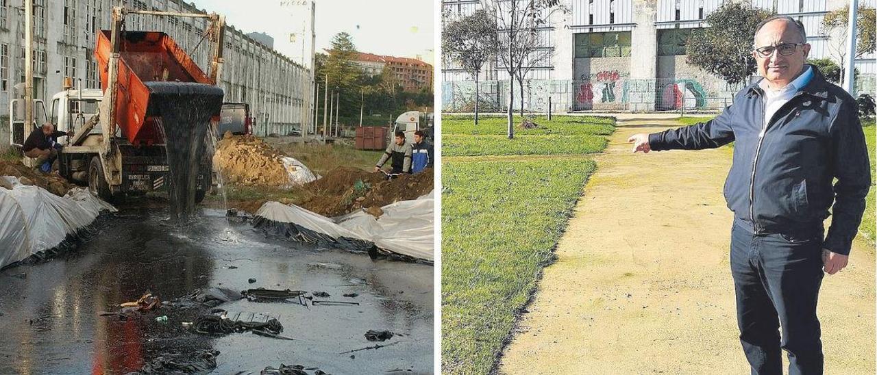 A la izquierda, una de las dos balsas para recoger chapapote en Massó. A la derecha, José Enrique Sotelo en la actualidad en la misma zona, ahora ajardinada.