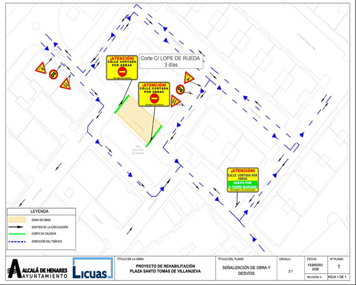 Mapa de los cortes de tráfico con motivo del proyecto de rehabilitación de la Plaza Santo Tomás de Villanueva