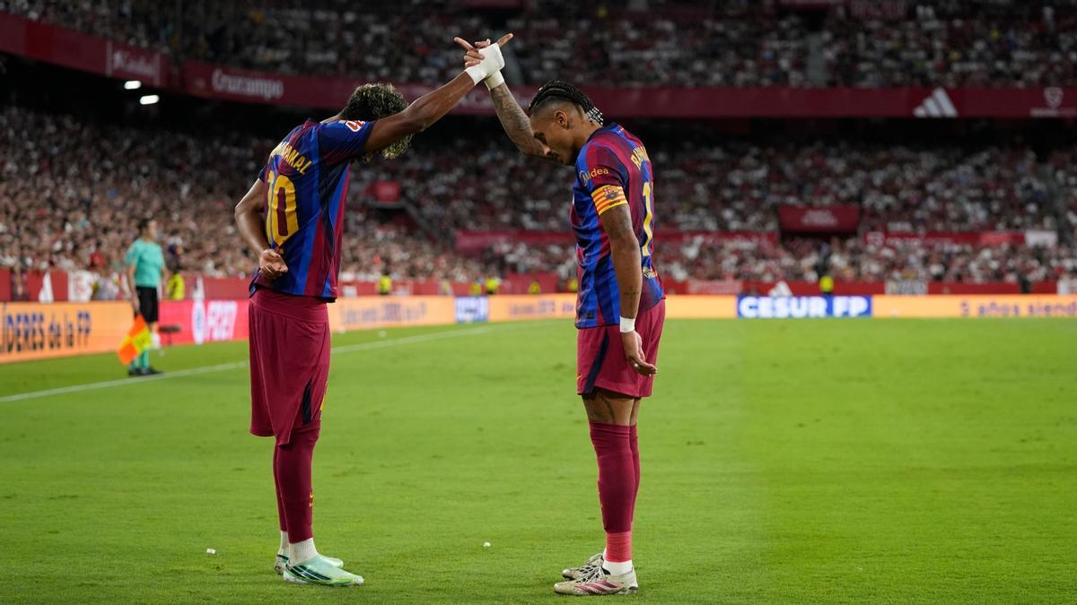 Raphinha of FC Barcelona celebrates a goal during the Spanish league, LaLiga EA Sports, football match played between Sevilla FC and FC Barcelona at Ramon Sanchez-Pizjuan stadium on September 19, 2026, in Sevilla, Spain. AFP7 19/09/2026 ONLY FOR USE IN SPAIN