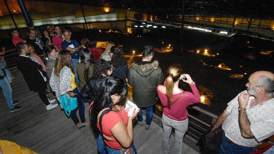 Un grupo de visitantes del Museo y Parque Arqueológico Cueva Pintada se recrea en el poblado prehispánico de este yacimiento de Gáldar.