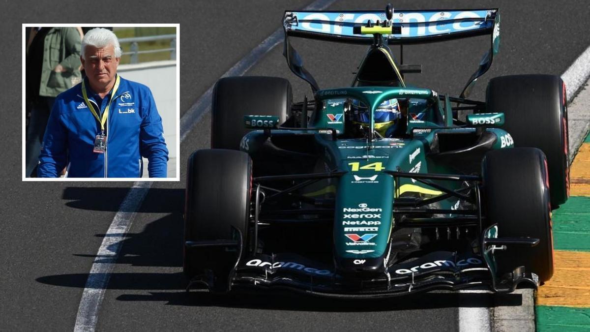 Fernando Alonso en su monoplaza de Aston Martin y, en el recuadro, su padre José Luis