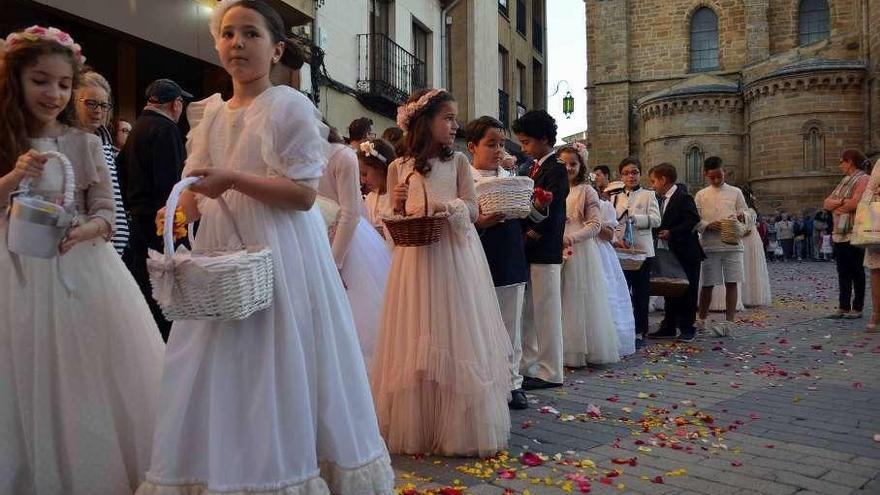 Los niños realizaron una alfombra de pétalos de flores durante su recorrido procesional.