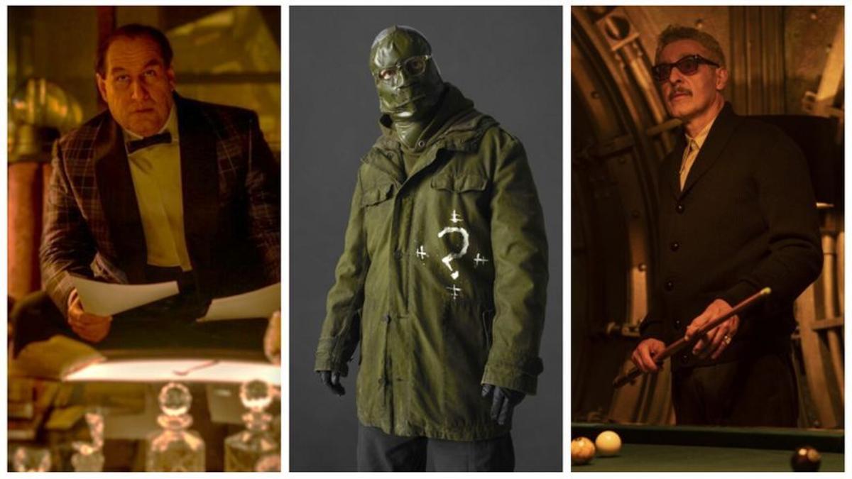 Oz (Colin Farrell), Enigma (Paul Dano) y Carmine Falcone, en tres imágenes de 'The Batman'.