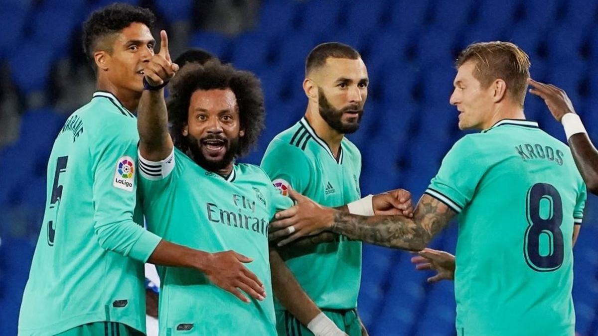 Varane, Marcelo, Benzema y Kroos, en el partido Real Sociedad-Real Madrid.