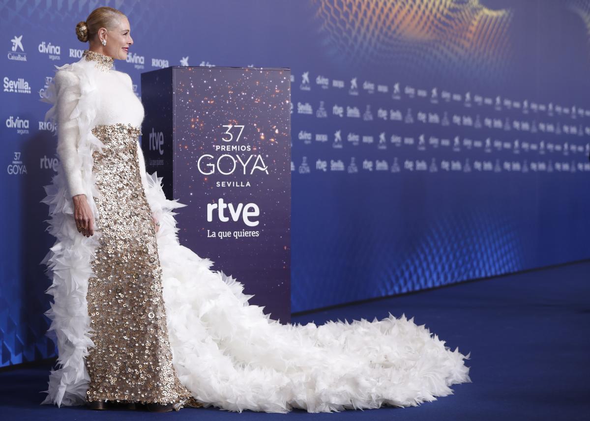 SEVILLA 11/02/2023.- La actriz Belén Rueda posa para los medios gráficos en la alfombra roja de la XXXVII Gala de los Premios de la Academia de Cine, los Goya, que se celebra este sábado en el Palacio de Congresos y Exposiciones FIBES de Sevilla. EFE/ Jorge Zapata