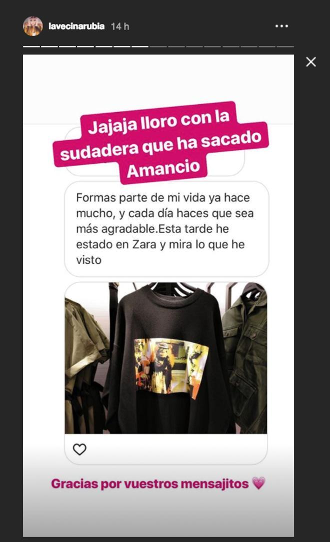 El stories que la Vecina Rubia dedica a la camiseta de Zara