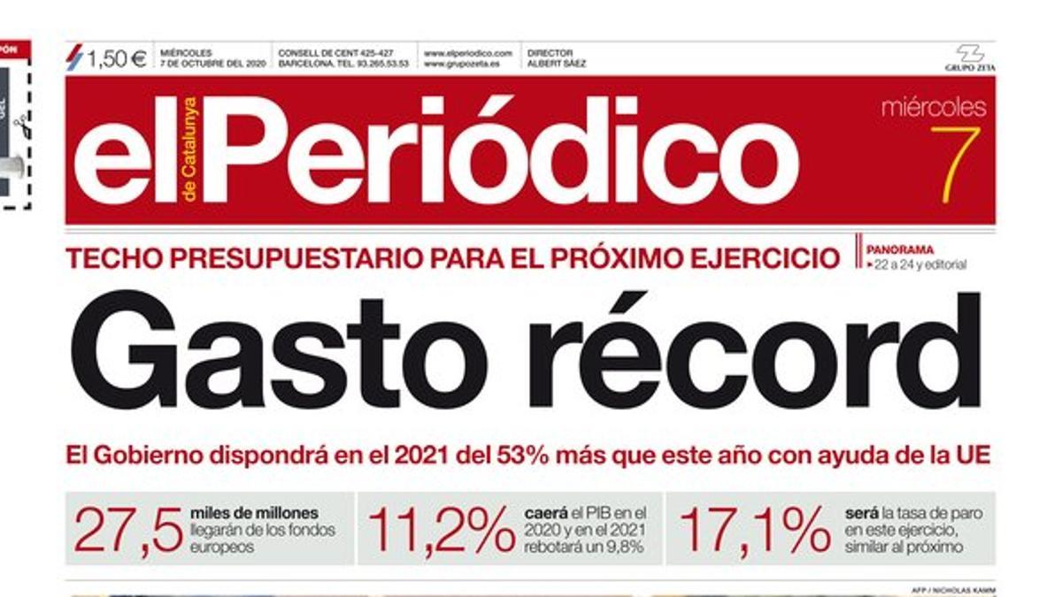 La portada de EL PERIÓDICO del 7 de octubre del 2020.