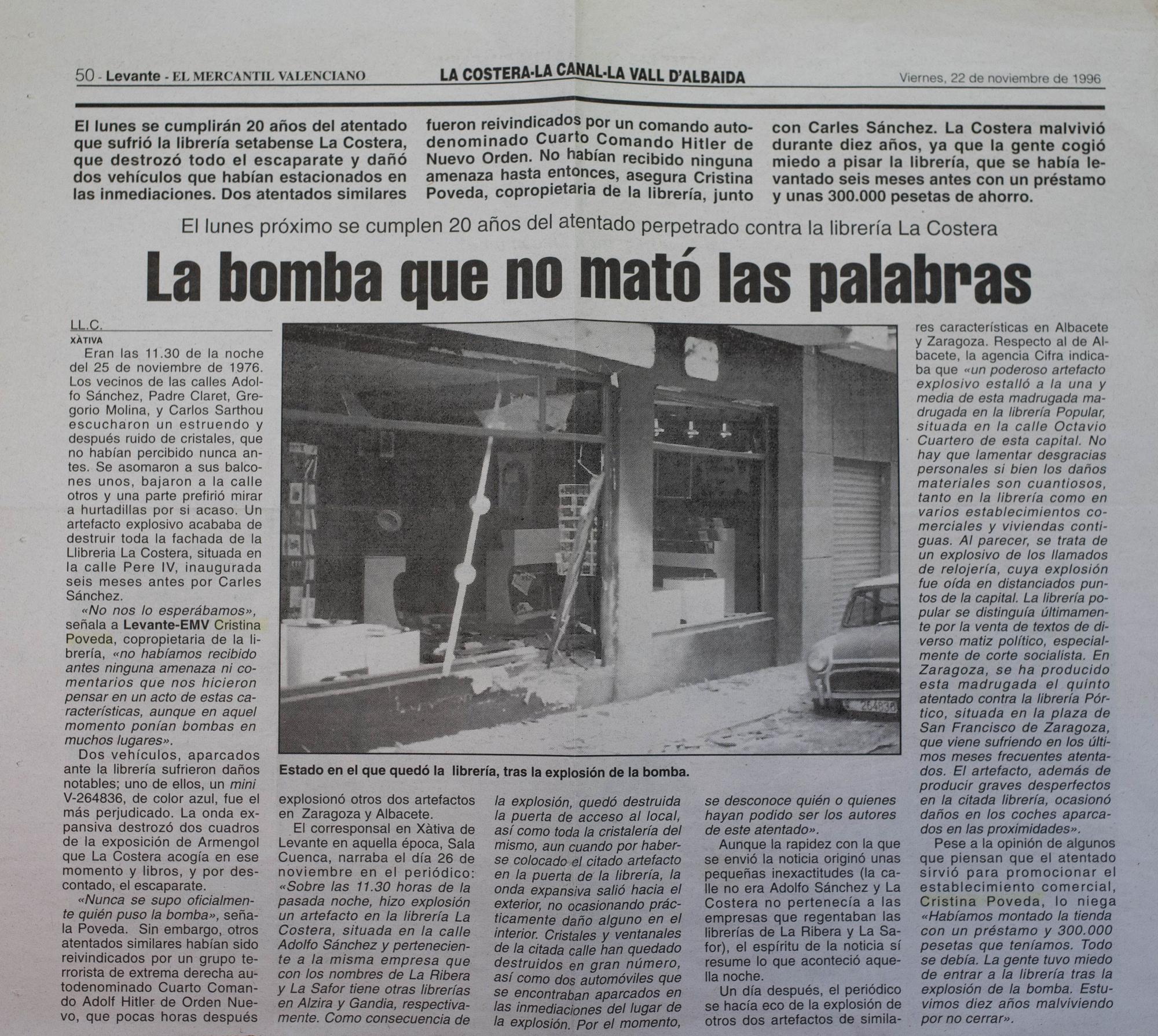 45 años del atentado con bomba atribuido al "VI comando Adolfo Hitler" contra la librería "La Costera" de Xàtiva