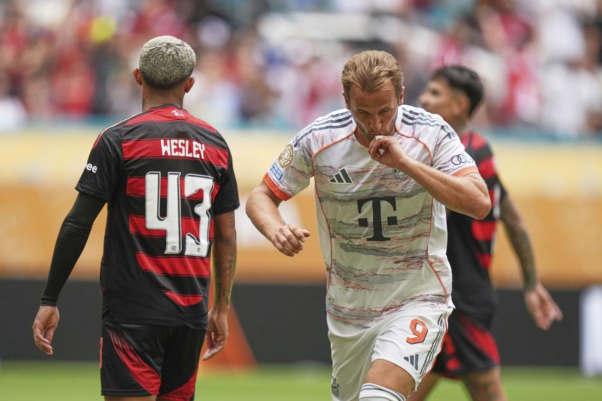 Harry Kane, delantero del Bayern, celebra su tanto contra el Flamengo.