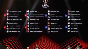 Monaco (Monaco), 01/09/2023.- The groups for the UEFA Europa League are shown on an electronic panel after the UEFA Europa League draw at the UEFA European Club Football Season Kick-Off event in Monaco, 01 September 2023. The event hosts the UEFA Europa League & Europa Conference League draws. EFE/EPA/GUILLAUME HORCAJUELO