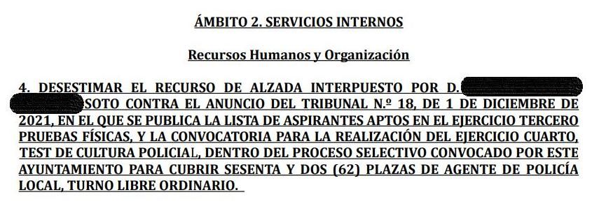 Extracto del último recurso de la oposición que ha pasado por Junta de Gobierno, en una sesión del pasado mes de marzo