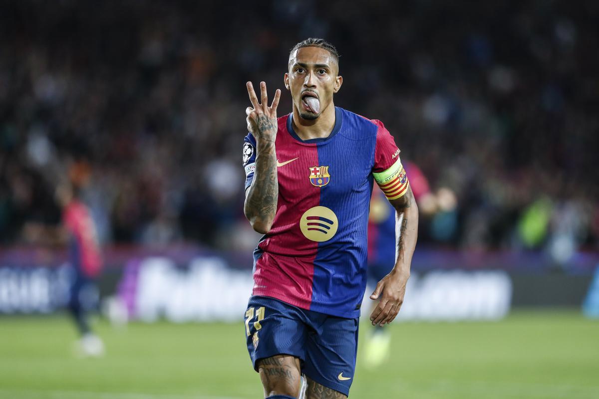 Raphinha of FC Barcelona celebrates a goal during the UEFA Champions League 2024/25 League Phase MD3 match between FC Barcelona and FC Bayern Munchen at Estadi Olimpic Lluis Companys on October 23, 2024 in Barcelona, Spain. AFP7 23/10/2024 ONLY FOR USE IN SPAIN. Irina R. Hipolito / AFP7 / Europa Press;2024;SPAIN;Soccer;Sport;ZSOCCER;ZSPORT;FC Barcelona v FC Bayern Munchen - UEFA Champions League 2024/25 League Phase MD3